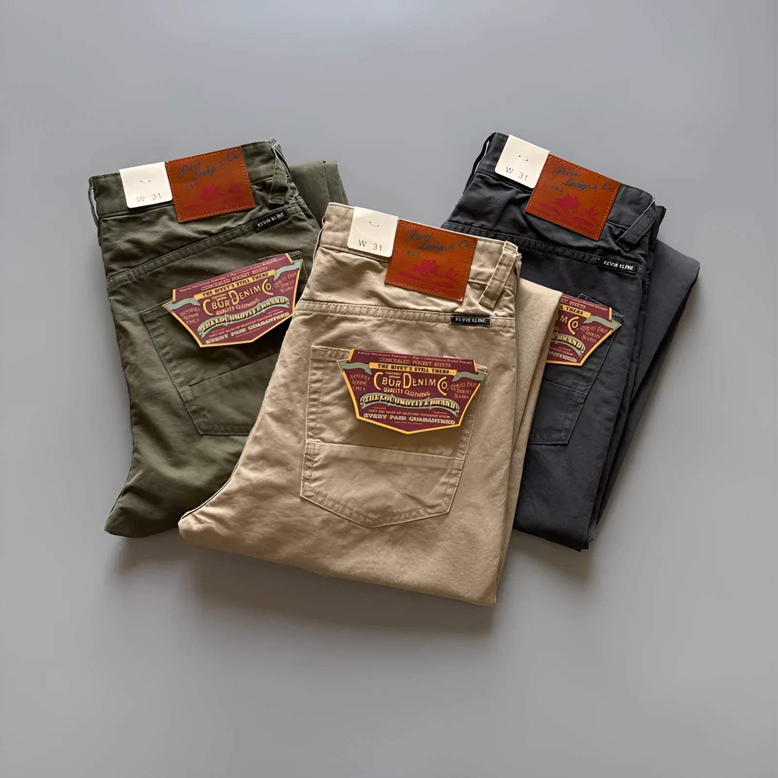 Men's grey straight-leg casual cotton trousers on a hanger.