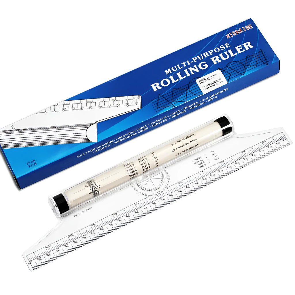 30cm plastic rolling ruler with roller, protractor, magnifying glass, and vertical line holes on white background