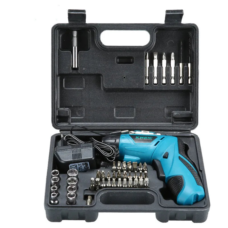 4.8V electric screwdriver set in blue with rotating handle and battery indicator light