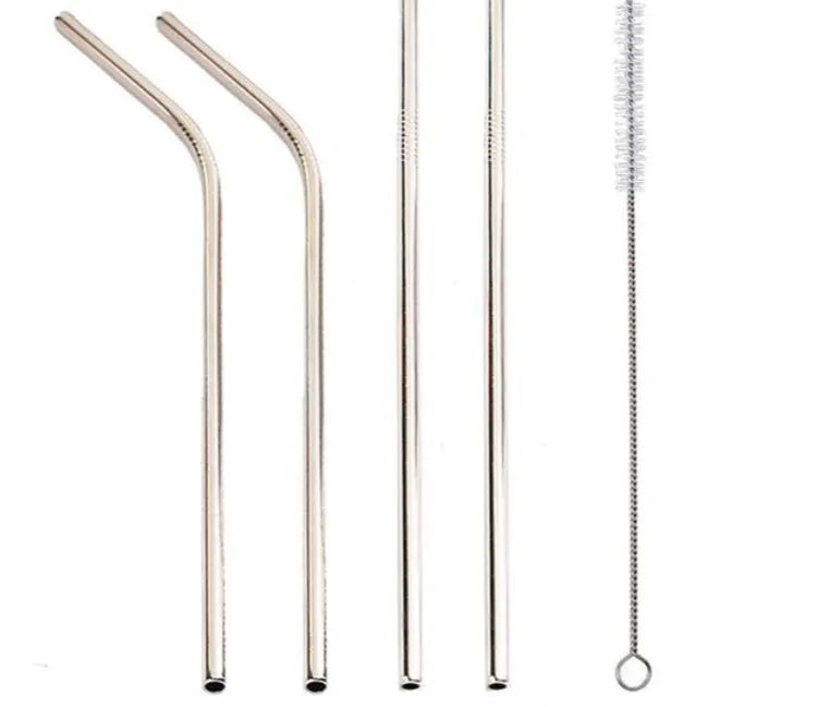 Set of four colourful reusable stainless steel straws in straight and bent styles with a cleaning brush.