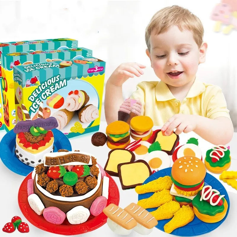 DIY kindergarten educational colour mud play set with four themed boxes including BBQ, burger, ice cream, and hairstylist