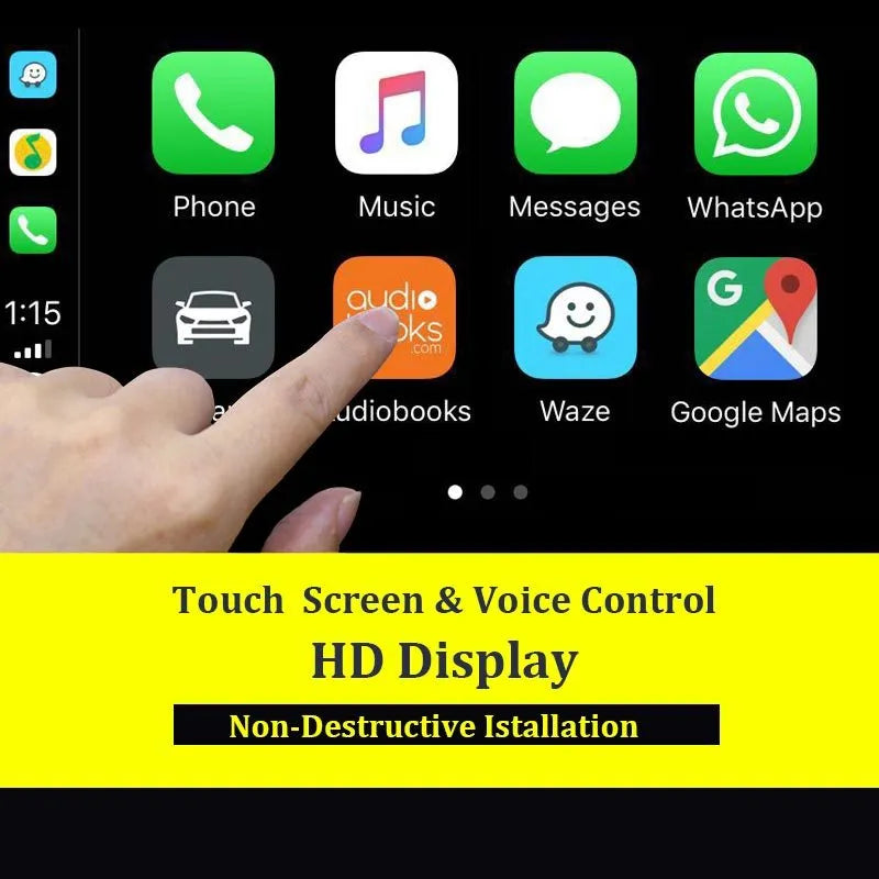 Black wireless CarPlay USB dongle for connecting iPhone to Android car stereo.