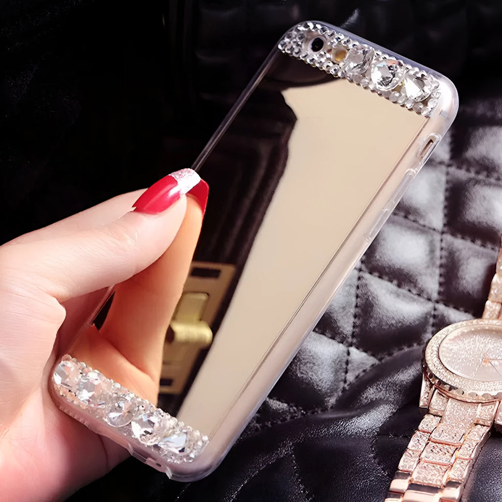 Rhinestone decorated silicone phone case for Huawei phones in gold, silver, and rose gold colours