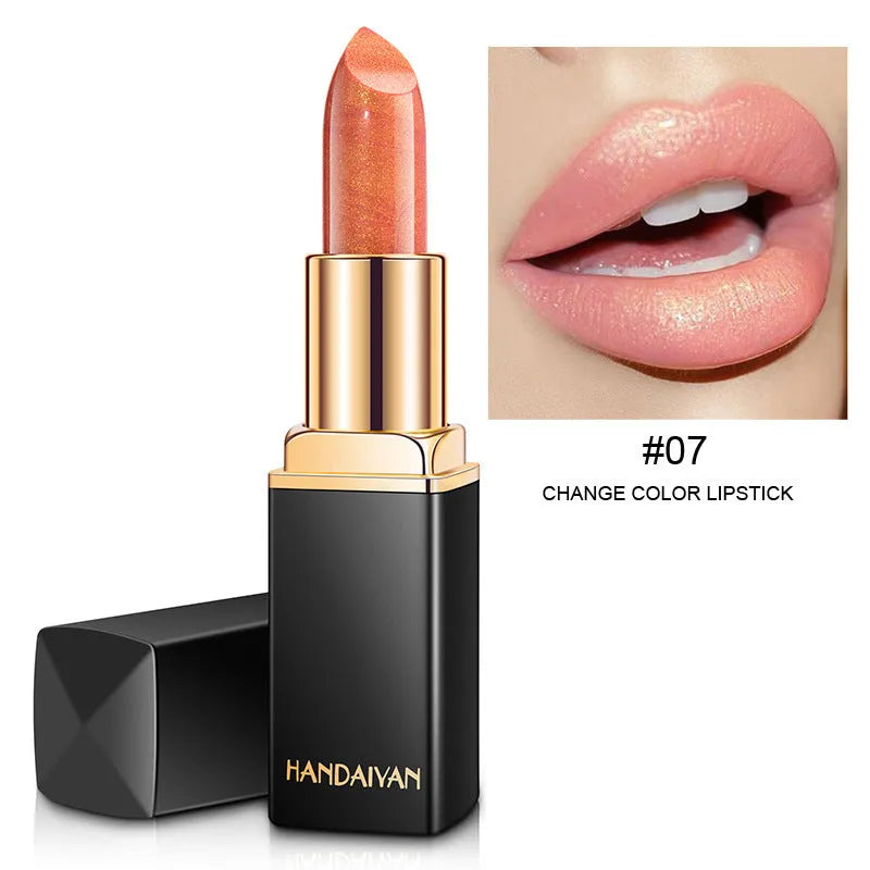 Pearlescent colour change temperature change lipstick in a tube with shimmering finish