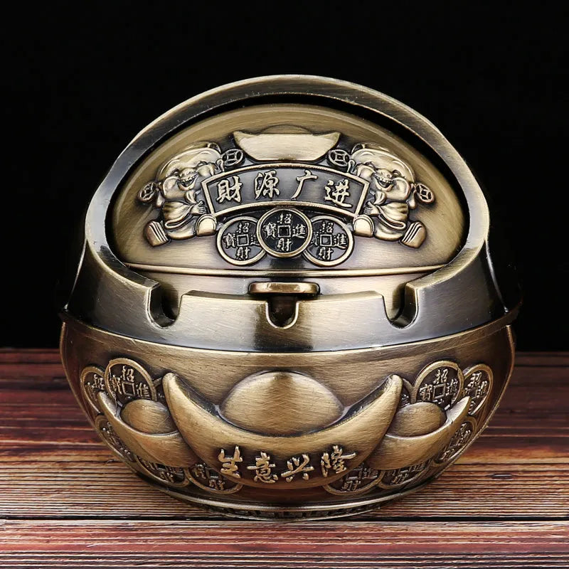 XL decorative alloy ashtray with smoke slot in bronze finish showing dragon and phoenix design