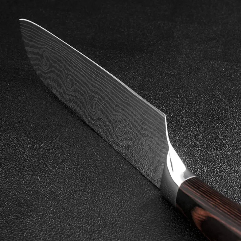 7Cr17 stainless steel kitchen knife with Damascus pattern blade and coloured wood handle on a cutting board.