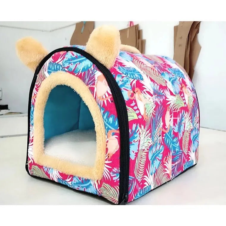 Fabric pet kennel bed with thick suede in geometric pattern for cats and small dogs