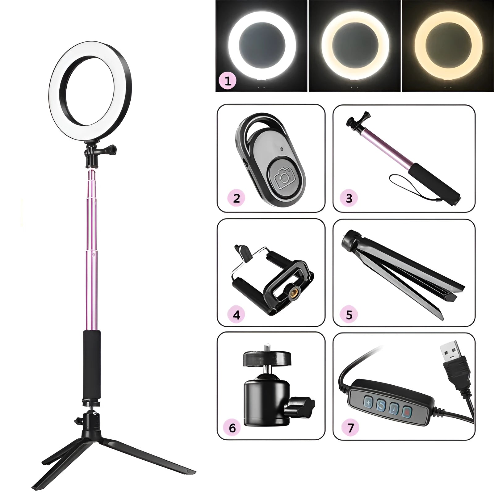 26cm RGB ring light set with tripod, selfie stick, and Bluetooth remote on a desk