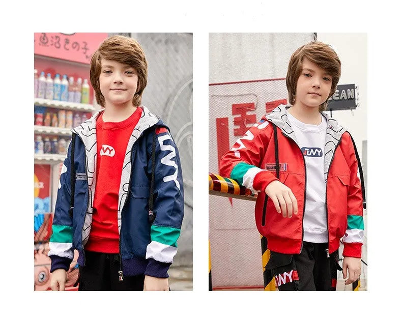 Boys hooded polyester sports jacket in royal blue for autumn winter, long sleeves, size 120-160cm