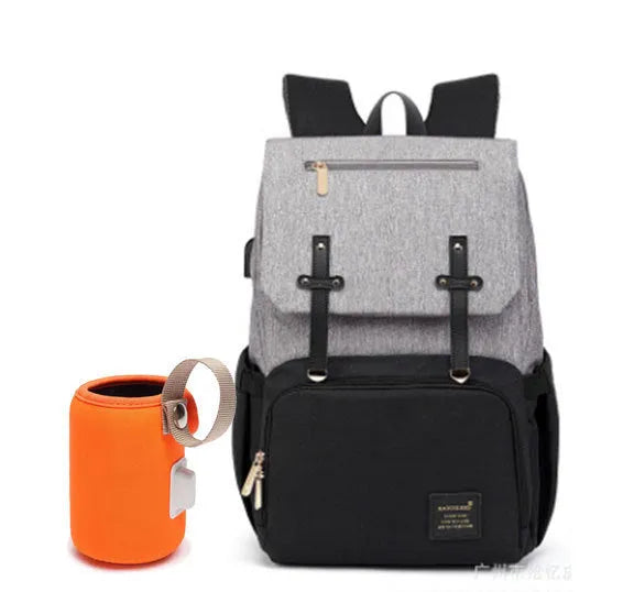 Grey white double shoulder mummy bag with bottle, stroller hooks, and multiple pockets for baby essentials
