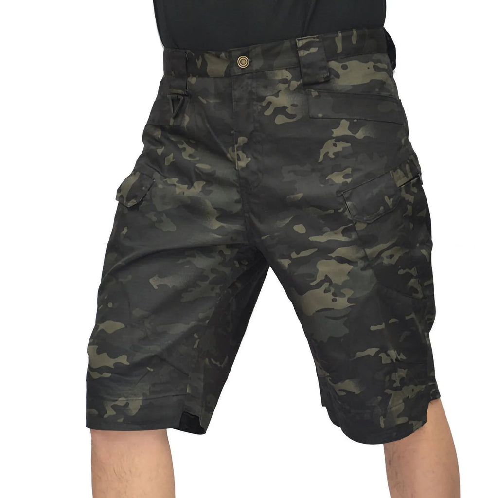 Men's tactical cargo shorts in black camouflage with multiple pockets, straight-leg cut, cotton blend fabric, Improved Version IX7