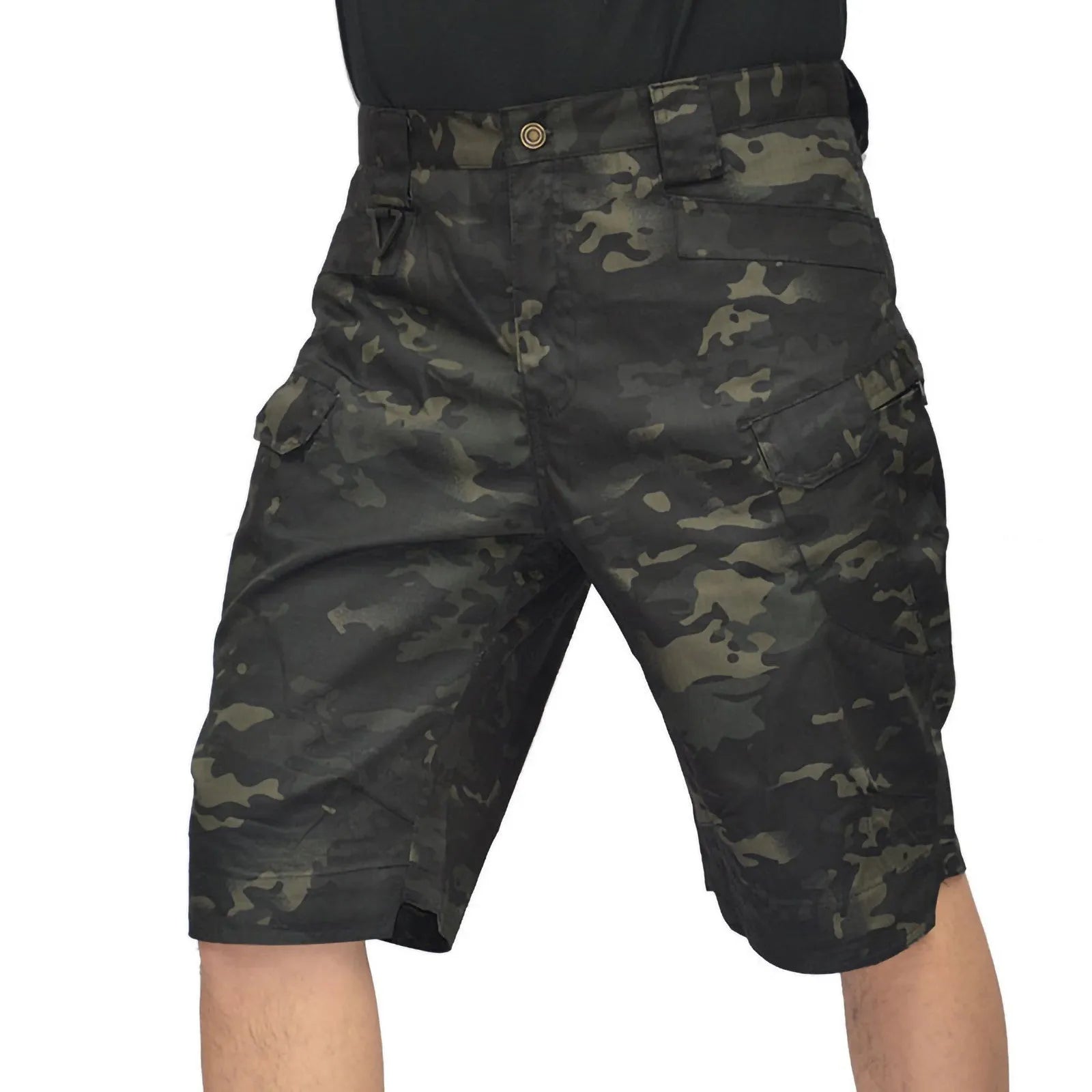 Men's tactical cargo shorts in black camouflage with multiple pockets, straight-leg cut, cotton blend fabric, Improved Version IX7