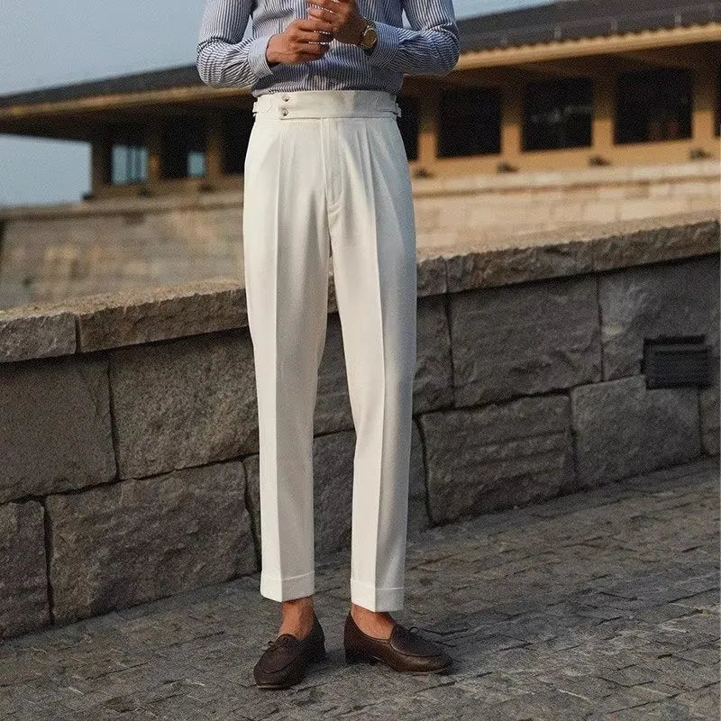 Men's slim fit polyester trousers in straight leg cut for summer formal wear