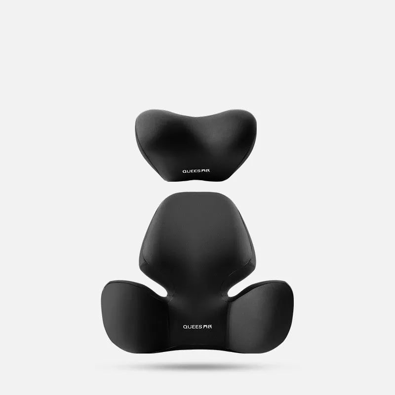 Black and grey memory foam car seat lumbar support pillow and headrest on a car seat.