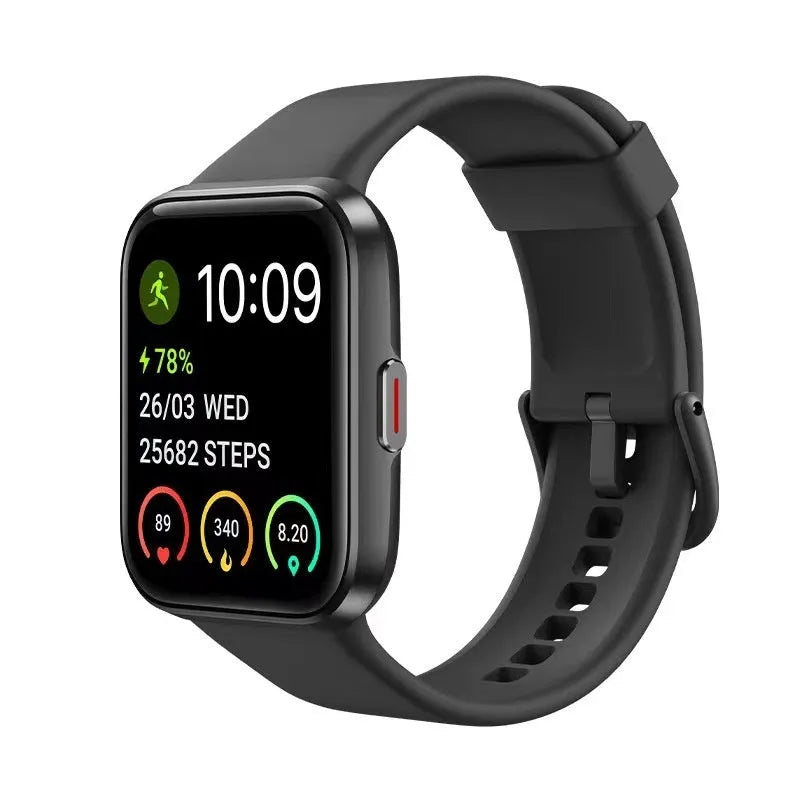 Voice call smart watch with touch screen showing health metrics in black, blue, green, or pink colour options
