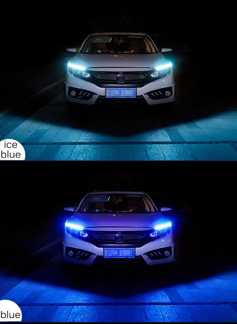 Flexible silicone LED strip light for car daytime running lights and animated turn signals.