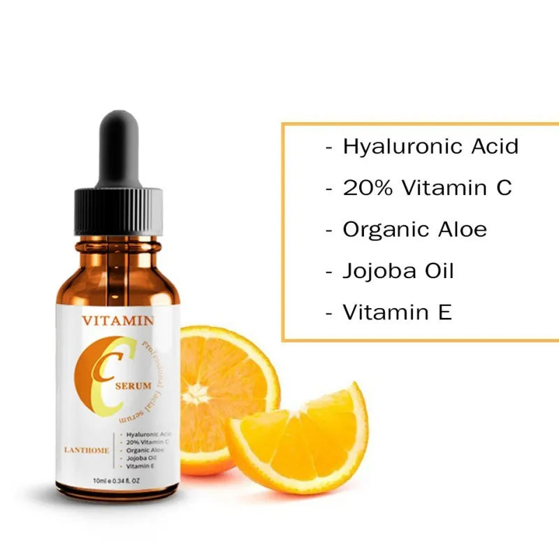 10ml bottle of Vitamin C and Hyaluronic Acid facial serum for anti-aging and brightening.