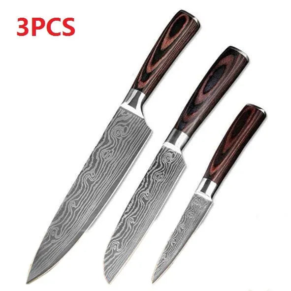 7Cr17 stainless steel kitchen knife with Damascus pattern blade and coloured wood handle on a cutting board.