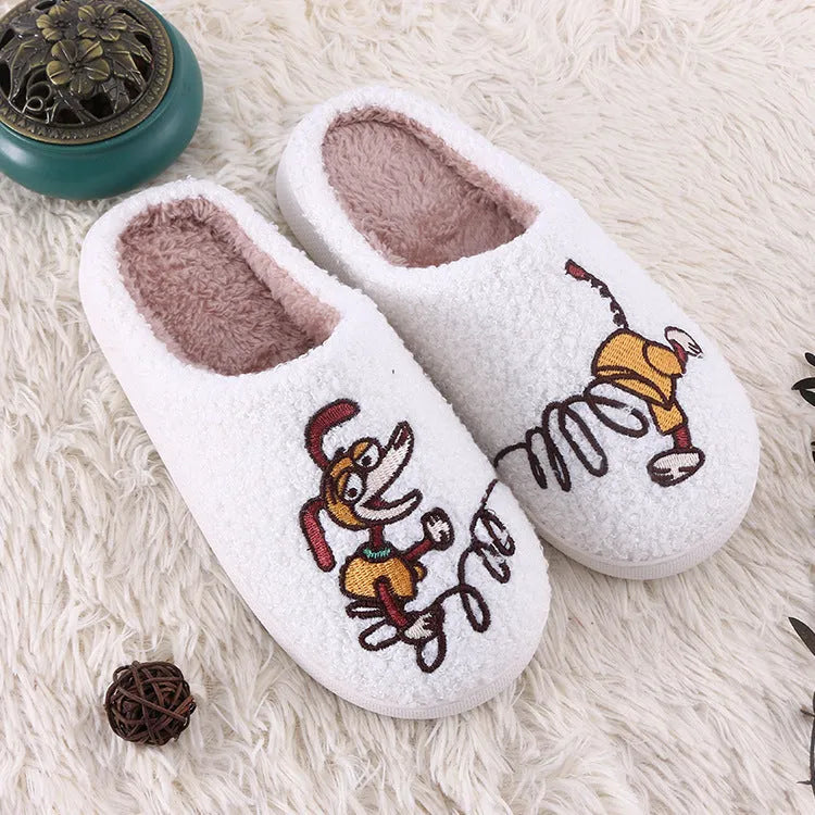 White fluffy cartoon slippers with a thick rubber non-slip sole and a toe holder strap.