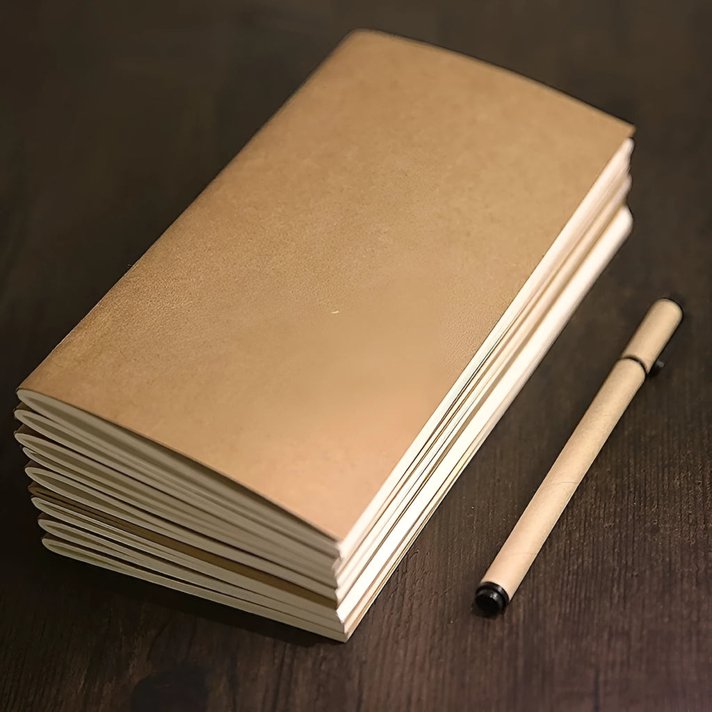 Travel diary notebook with 300G kraft cover, A6 size 110x210mm, 64 pages, saddle stitching, showing lined interior pages