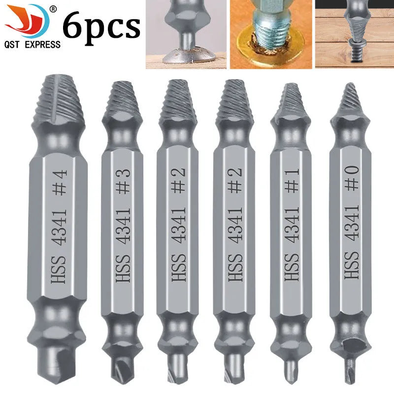 6-piece high speed steel 4341 slip-tooth head screw extractor set on a neutral background