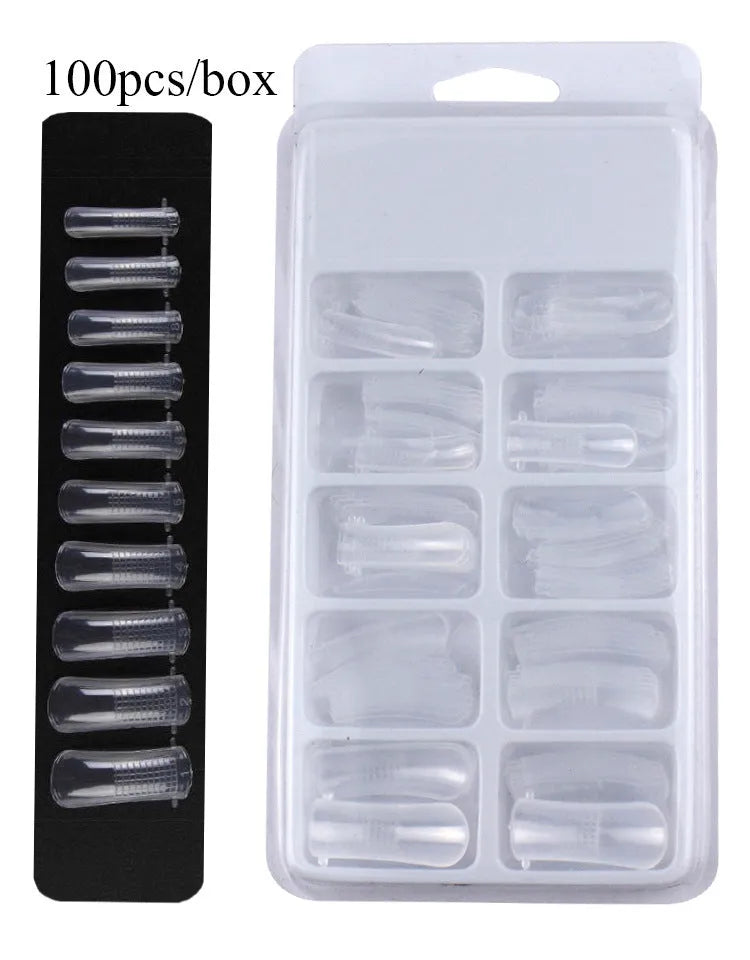 Nail crystal extender set with gel material, 18.5cm tools, 30ml cleaner, 3 polishes, brush, file, clamp, rinse, and box of 100 nails