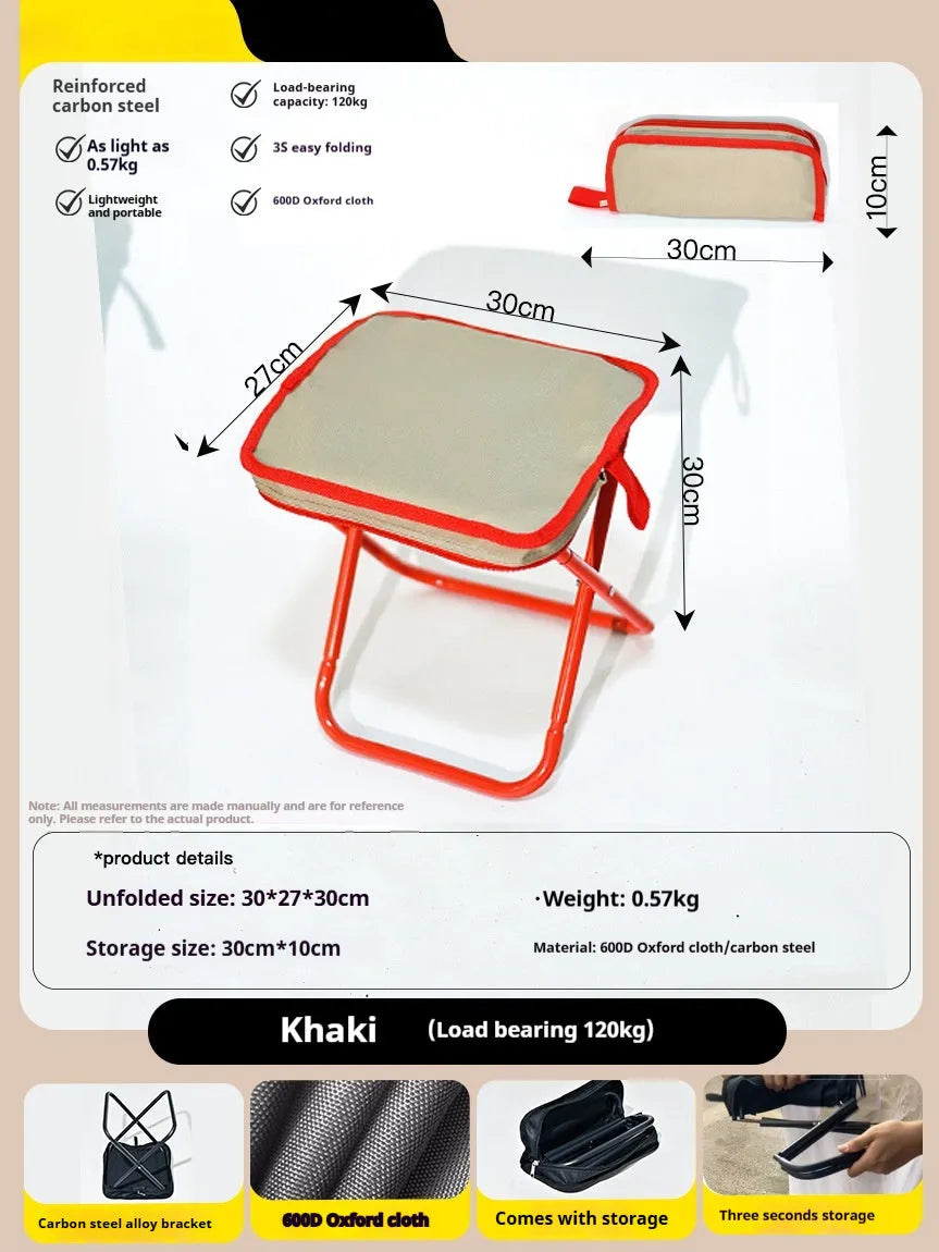Lightweight foldable camp stool in Oxford cloth, shown folded and unfolded in khaki colour.
