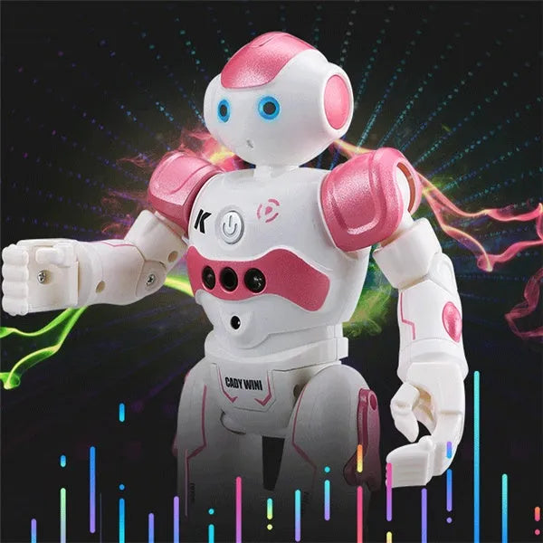 Blue remote control smart robot toy with gesture sensing and dance functions on a white background