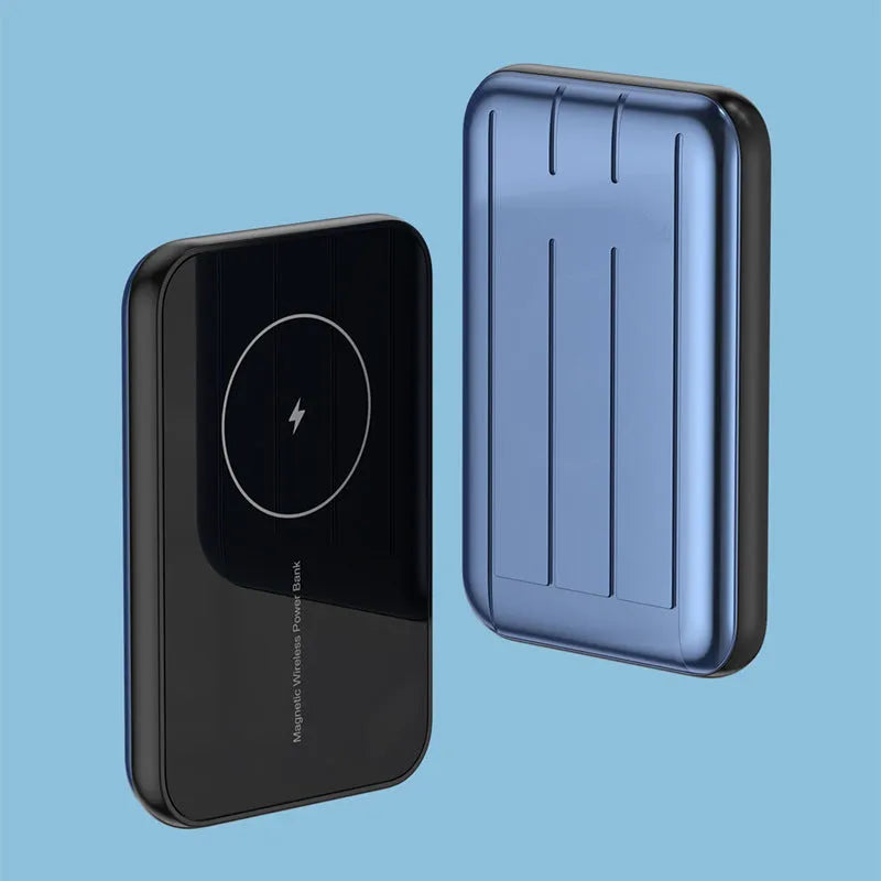 Blue magnetic wireless charging power bank showing front view with USB ports