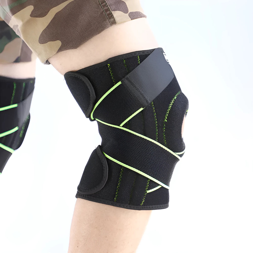 Outdoor sports compression knee pad made of OK cloth and Lycra with metal springs and magic buckle in black