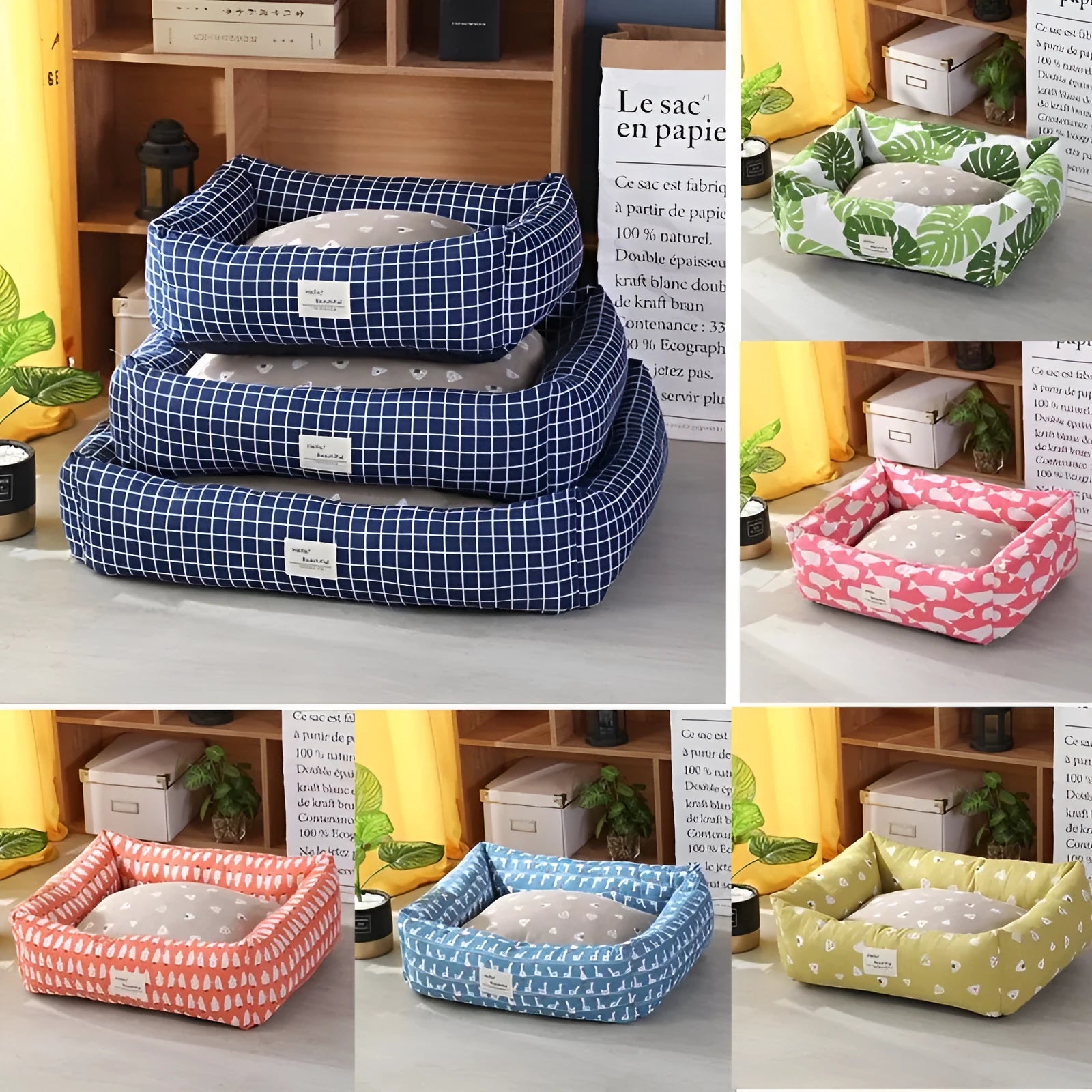 Warm pet nest with linen fabric and PP cotton filling in three sizes and seven colour options