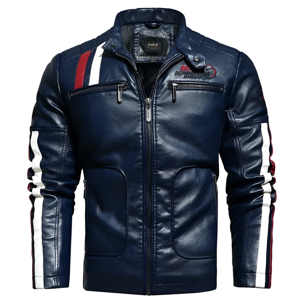 Men's PU leather embroidered slim-fit jacket with stand-up collar and zipper front in black