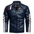 Men's PU leather embroidered slim-fit jacket with stand-up collar and zipper front in black