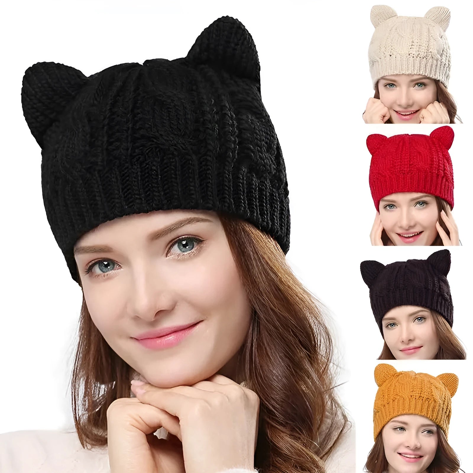Red hand-knitted wool beanie hat with 3D cat ears on a white background.