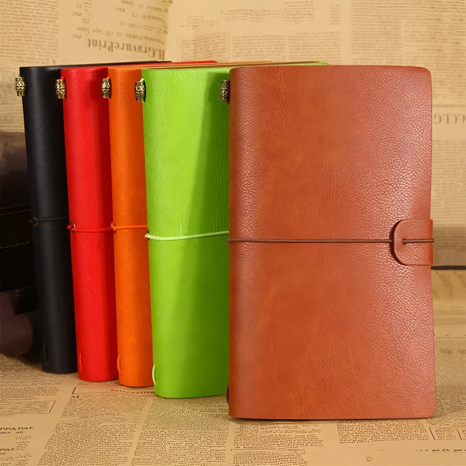 Vintage A6 PU leather traveller notebook journal in black, with elastic closure, on a wooden table