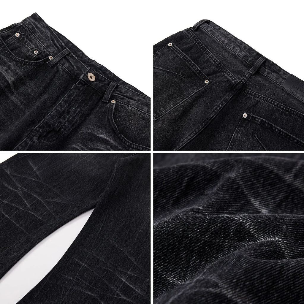 Black mens straight-leg jeans with American washed lightning crack detailing on cotton fabric