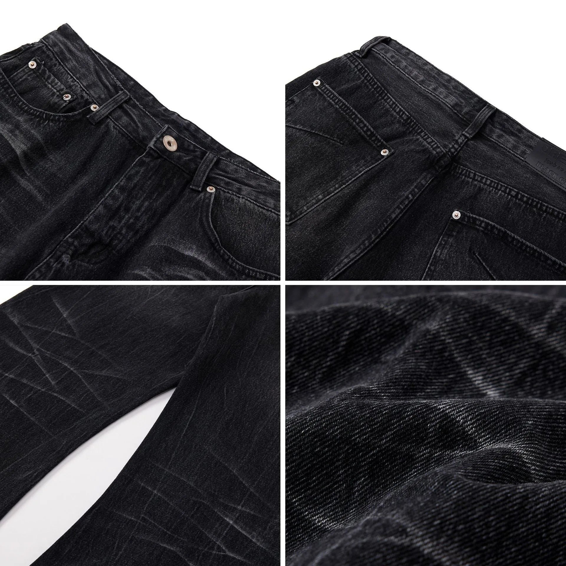 Black mens straight-leg jeans with American washed lightning crack detailing on cotton fabric