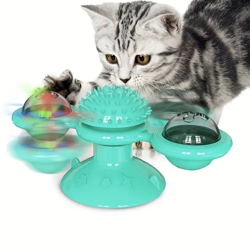 Windmill cat toy with suction cup, rotating spinner, LED ball, and catnip balls for indoor cats