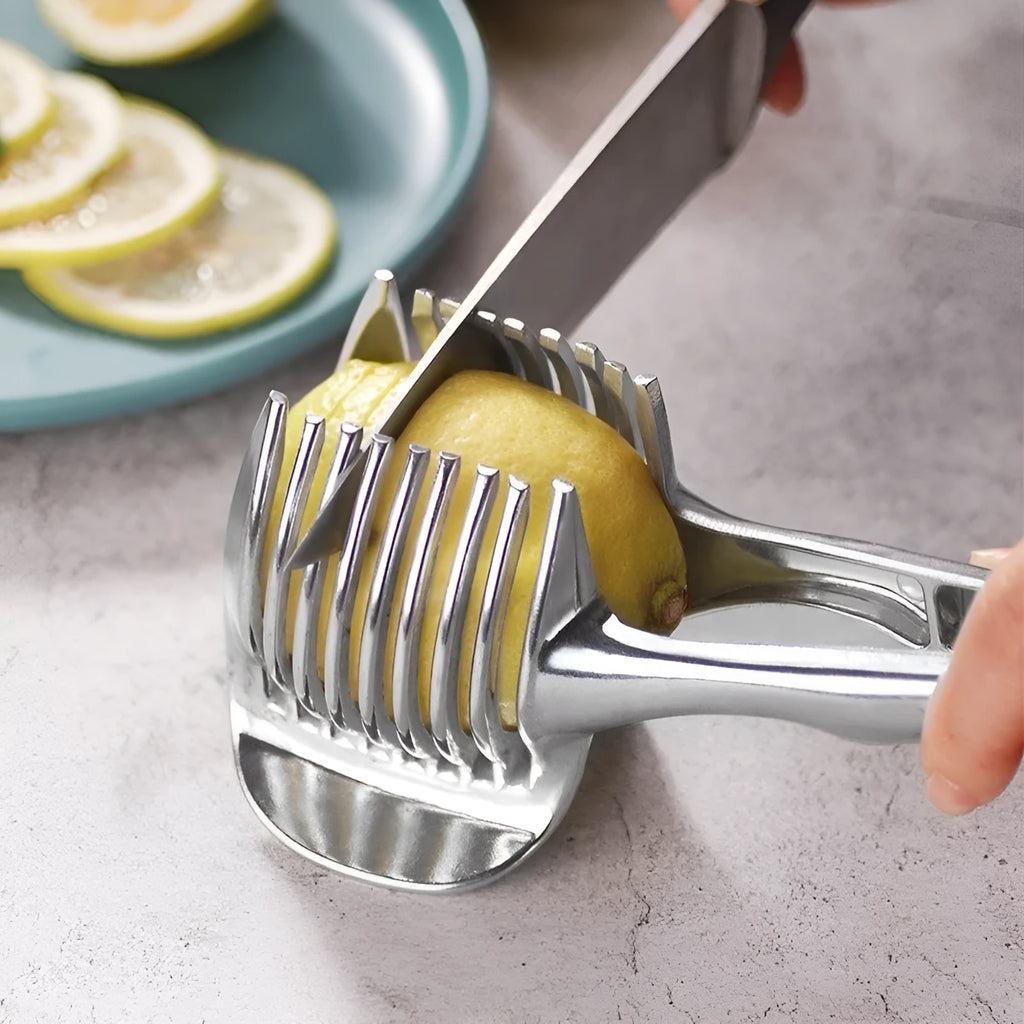 Silver plastic lemon slicer kitchen tool for cutting fruit and vegetables