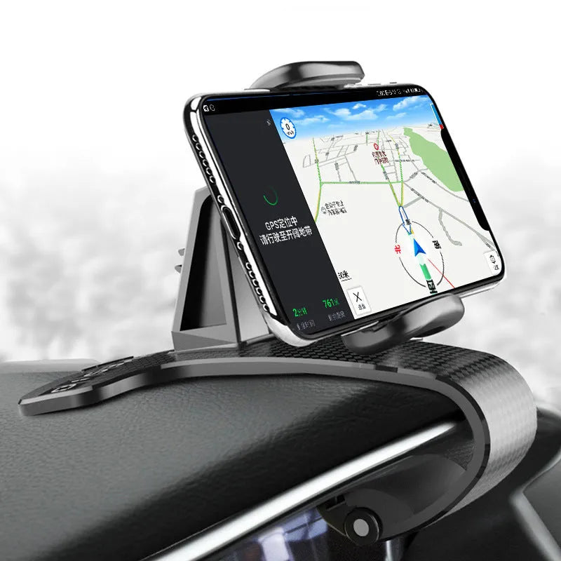 Black car phone holder with adjustable arms and a 360-degree rotating head mounted on a car air vent.