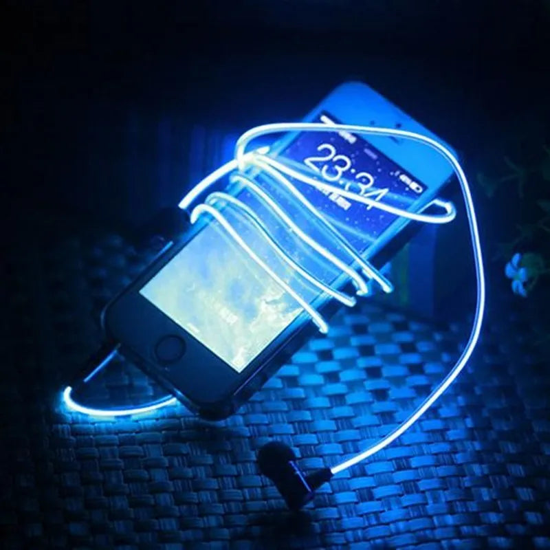 Blue Magic Light LED earphones with glowing cable connected to a phone showing rhythm-sync light effects.