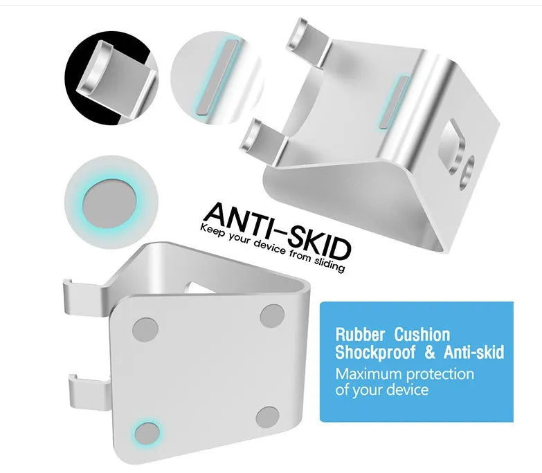 Universal Phone Buddy metal aluminium alloy stand holding a phone on a desk, available in multiple colours