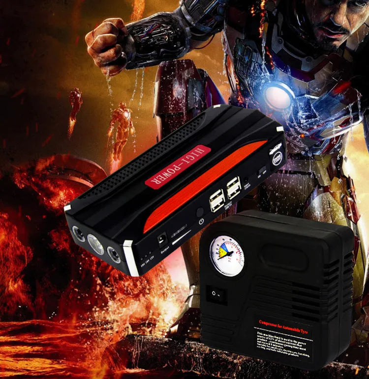 GG-JS-18 car jump starter with battery clamps, 4-in-1 cable, and laptop connectors in retail tool case