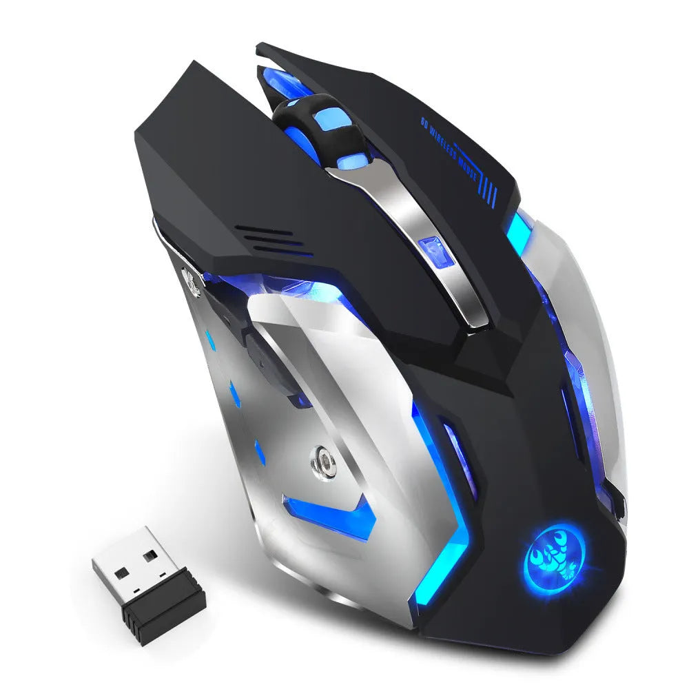 HXSJ wireless gaming mouse in black with glowing effect, side view showing ergonomic shape and buttons