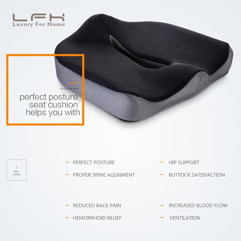 Black and grey coccyx orthopedic memory foam cushion with breathable mesh cover, 45x38x13cm