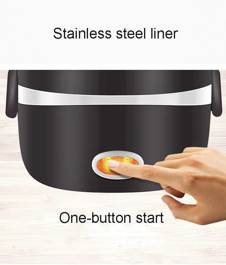 Electric lunch box with USB power port showing two-layer design measuring 190mm