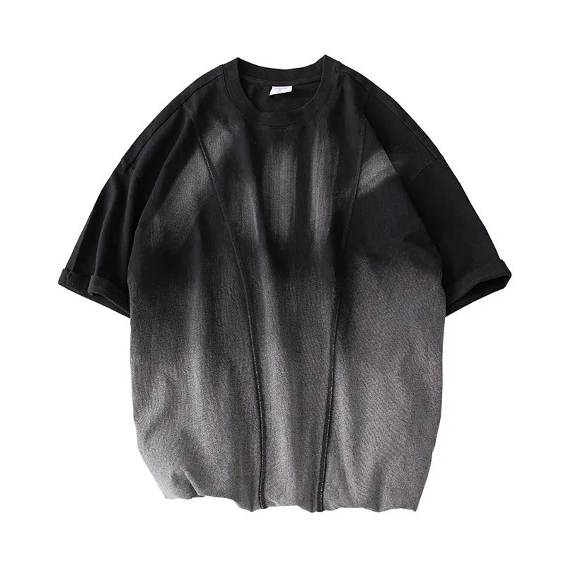 Black cotton short sleeve T-shirt with dark water wash finish, no-ironing treatment, crew neck, sizes M to XXL