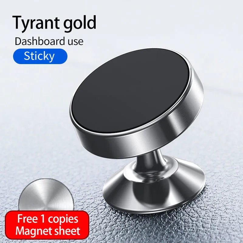 Black magnetic car phone holder attached to a car air vent, holding a smartphone at an angle.