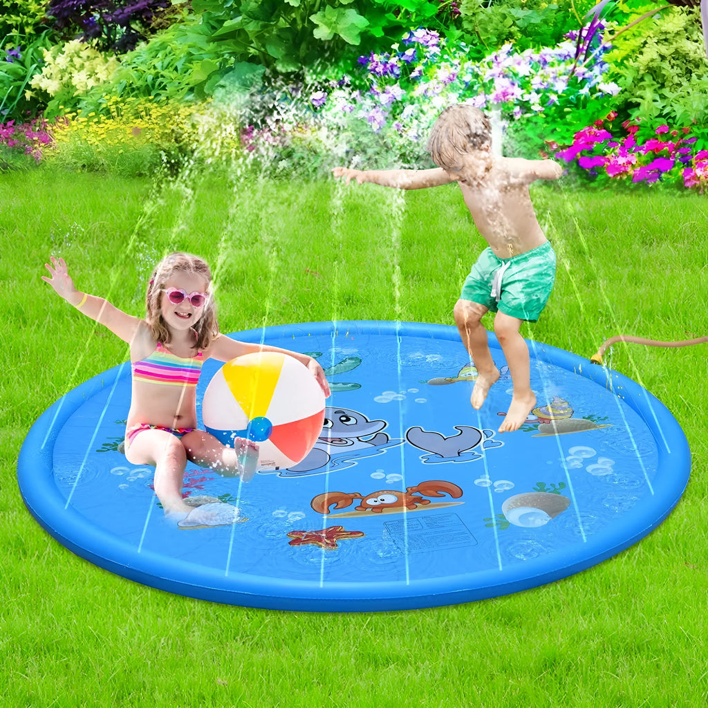 Blue PVC children's water spray play mat with marine animal designs measuring 100x170cm
