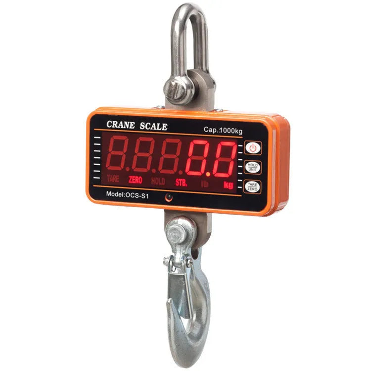 Orange electronic crane scale with digital display showing weight, for loads up to 500kg.